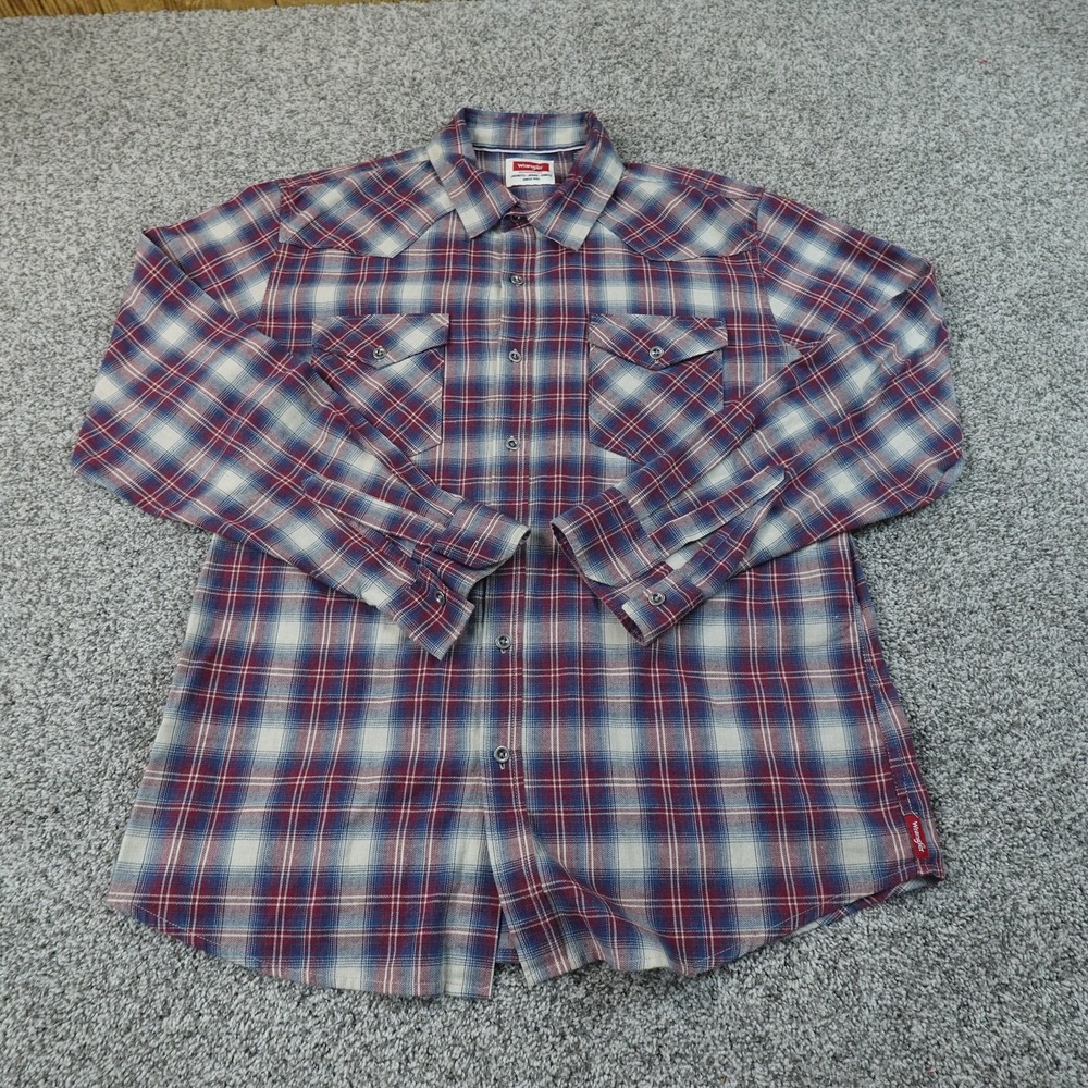 Wrangler Shirt Mens L Red Plaid Flannel Button Up Long Sleeve Western Cowboy Top
